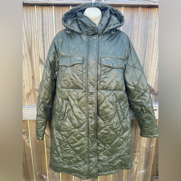 Calvin Klein Quilted Long Coat with Hood Size Large